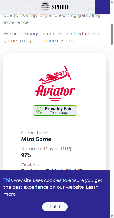 Official Aviator game interface by SPRIBE